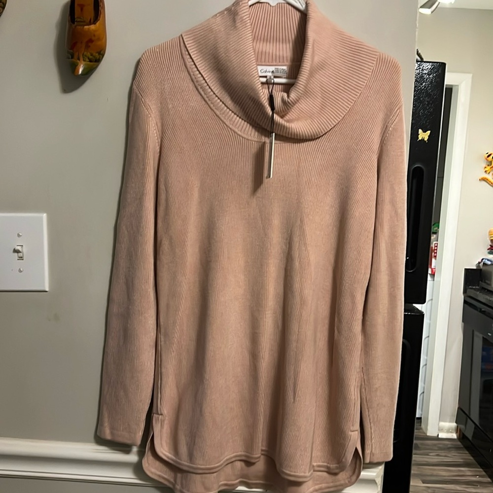 Calvin Klein cowl neck tunic length sweater. Color is blush. Size M. NWT